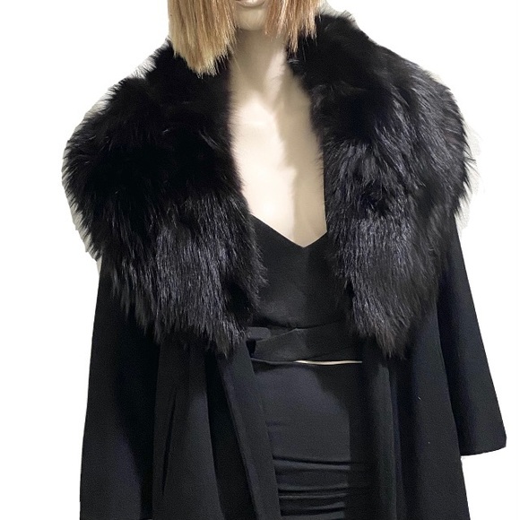 Vintage CAPELLA A Luxurious Fabric Fur Collar Black Open front Long Coat - Picture 7 of 12